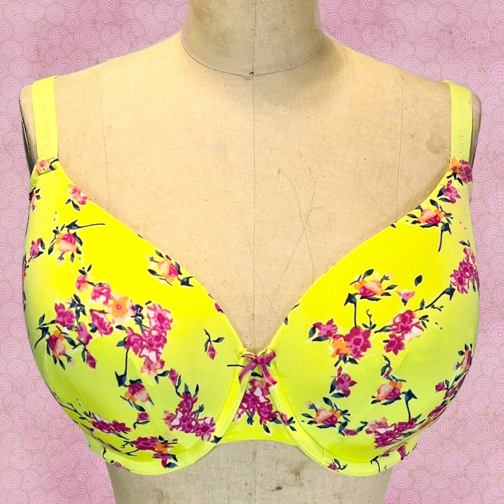 Cacique floral lemon yellow bra lightly lined t-shirt 38DDD‎ pink flower blossom